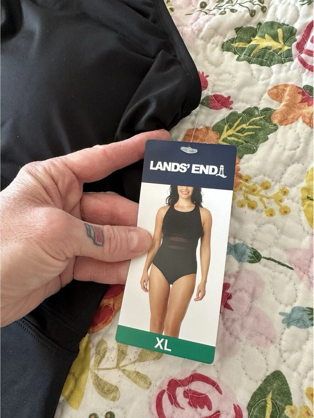 NWTS Lands End Black One Piece Mesh Detail Slimming Classic Swimsuit Size XL